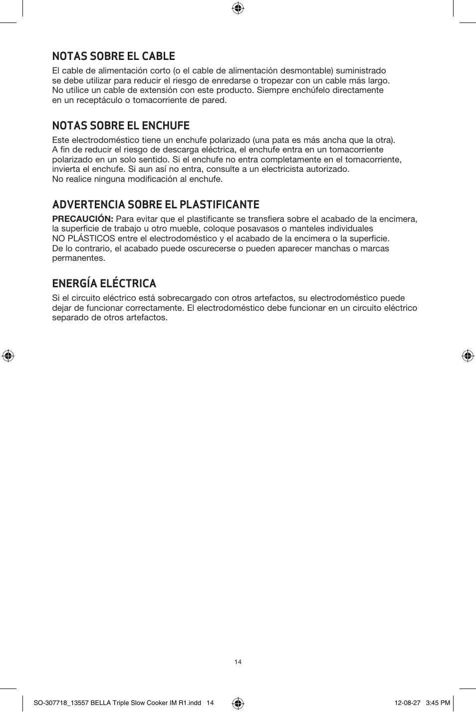 Notas sobre el cable, Notas sobre el enchufe, Advertencia sobre el plastificante | Energía eléctrica | BELLA 13557 3 X 1.5QT Triple Slow Cooker with Lid Rests User Manual | Page 14 / 22