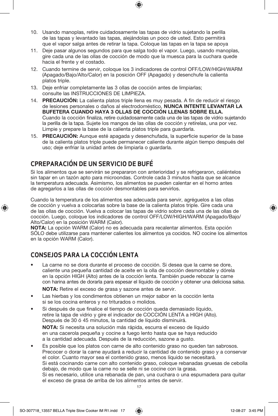 Cpreparación de un servicio de bufé, Consejos para la cocción lenta | BELLA 13557 3 X 1.5QT Triple Slow Cooker with Lid Rests User Manual | Page 17 / 22