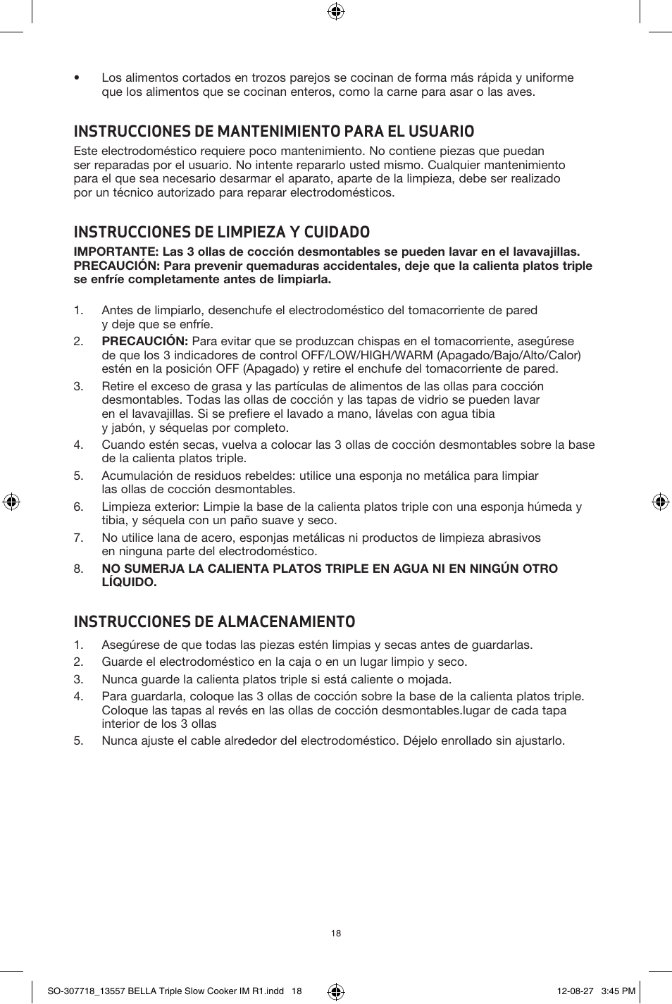 Instrucciones de mantenimiento para el usuario, Instrucciones de limpieza y cuidado, Instrucciones de almacenamiento | BELLA 13557 3 X 1.5QT Triple Slow Cooker with Lid Rests User Manual | Page 18 / 22