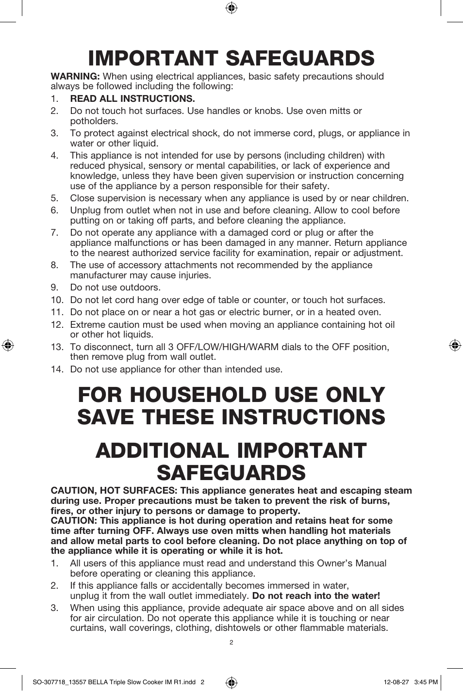 Important safeguards | BELLA 13557 3 X 1.5QT Triple Slow Cooker with Lid Rests User Manual | Page 2 / 22