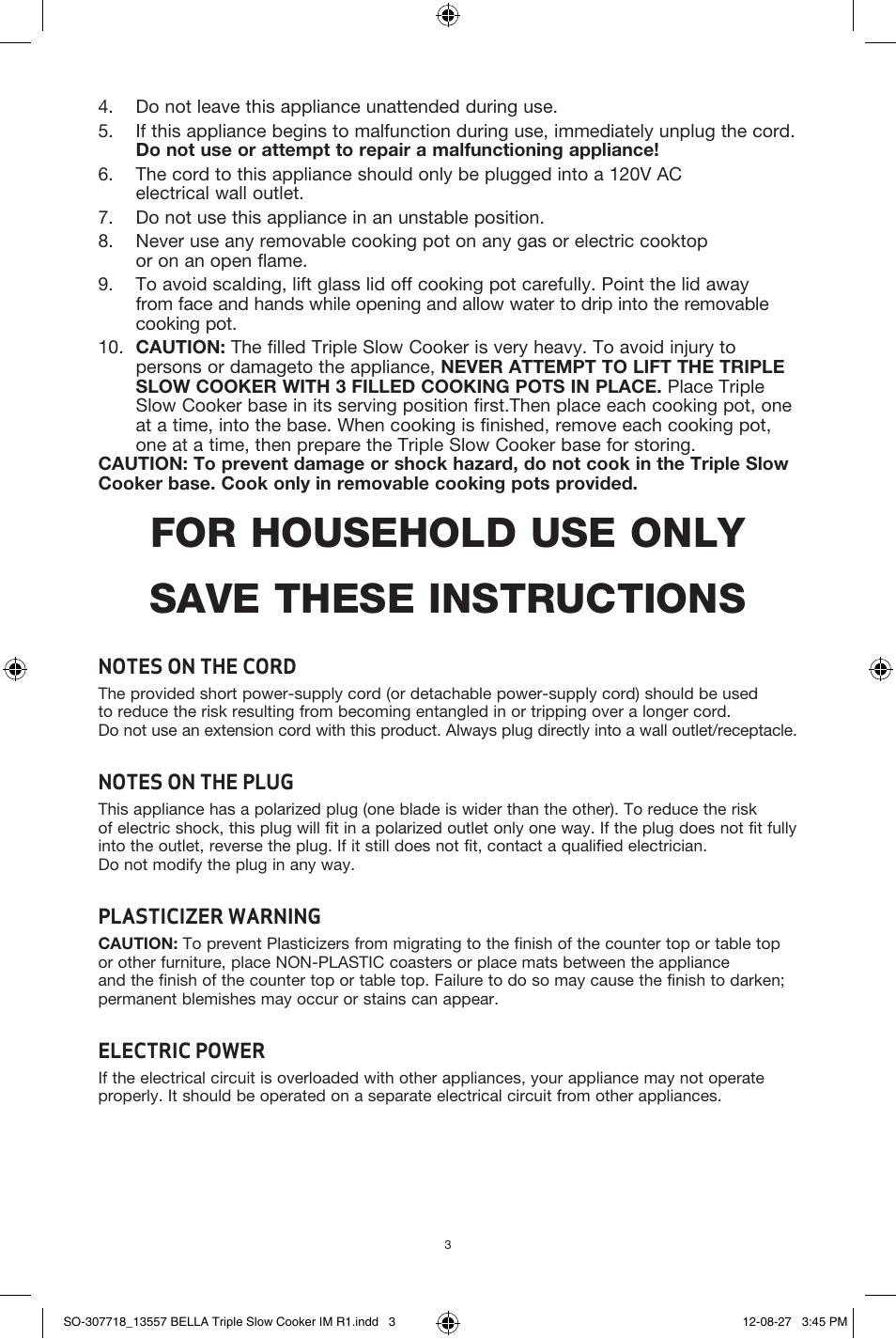 For household use only save these instructions | BELLA 13557 3 X 1.5QT Triple Slow Cooker with Lid Rests User Manual | Page 3 / 22