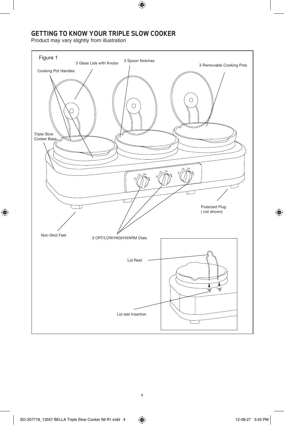 Getting to know your triple slow cooker | BELLA 13557 3 X 1.5QT Triple Slow Cooker with Lid Rests User Manual | Page 4 / 22