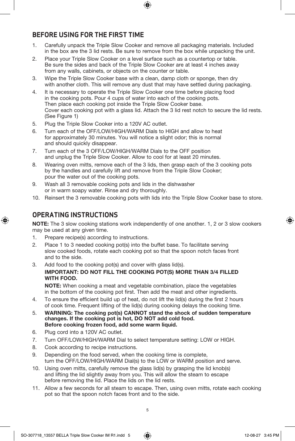 Before using for the first time, Operating instructions | BELLA 13557 3 X 1.5QT Triple Slow Cooker with Lid Rests User Manual | Page 5 / 22