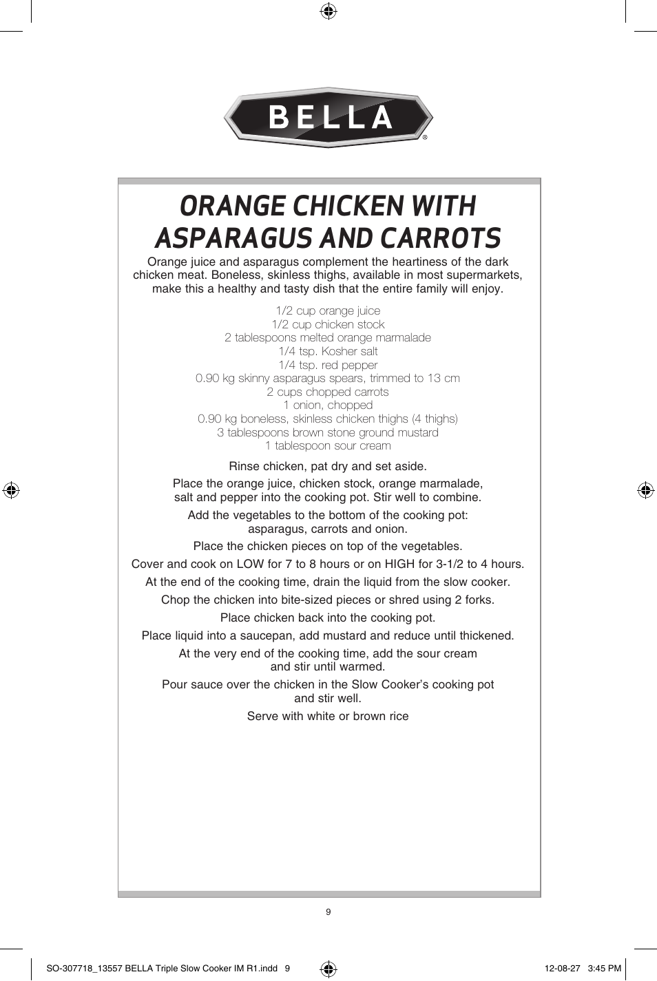 Orange chicken with asparagus and carrots | BELLA 13557 3 X 1.5QT Triple Slow Cooker with Lid Rests User Manual | Page 9 / 22