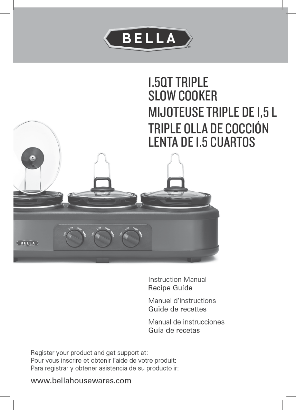 BELLA 13698 3 x 1.5QT Triple Slow Cooker with Lid Rests User Manual | 28 pages
