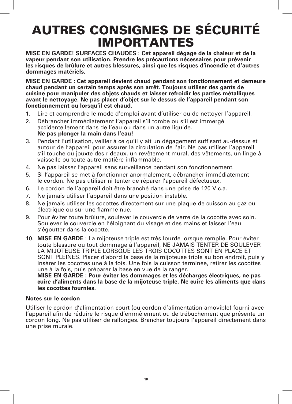 Autres consignes de sécurité importantes | BELLA 13698 3 x 1.5QT Triple Slow Cooker with Lid Rests User Manual | Page 12 / 28