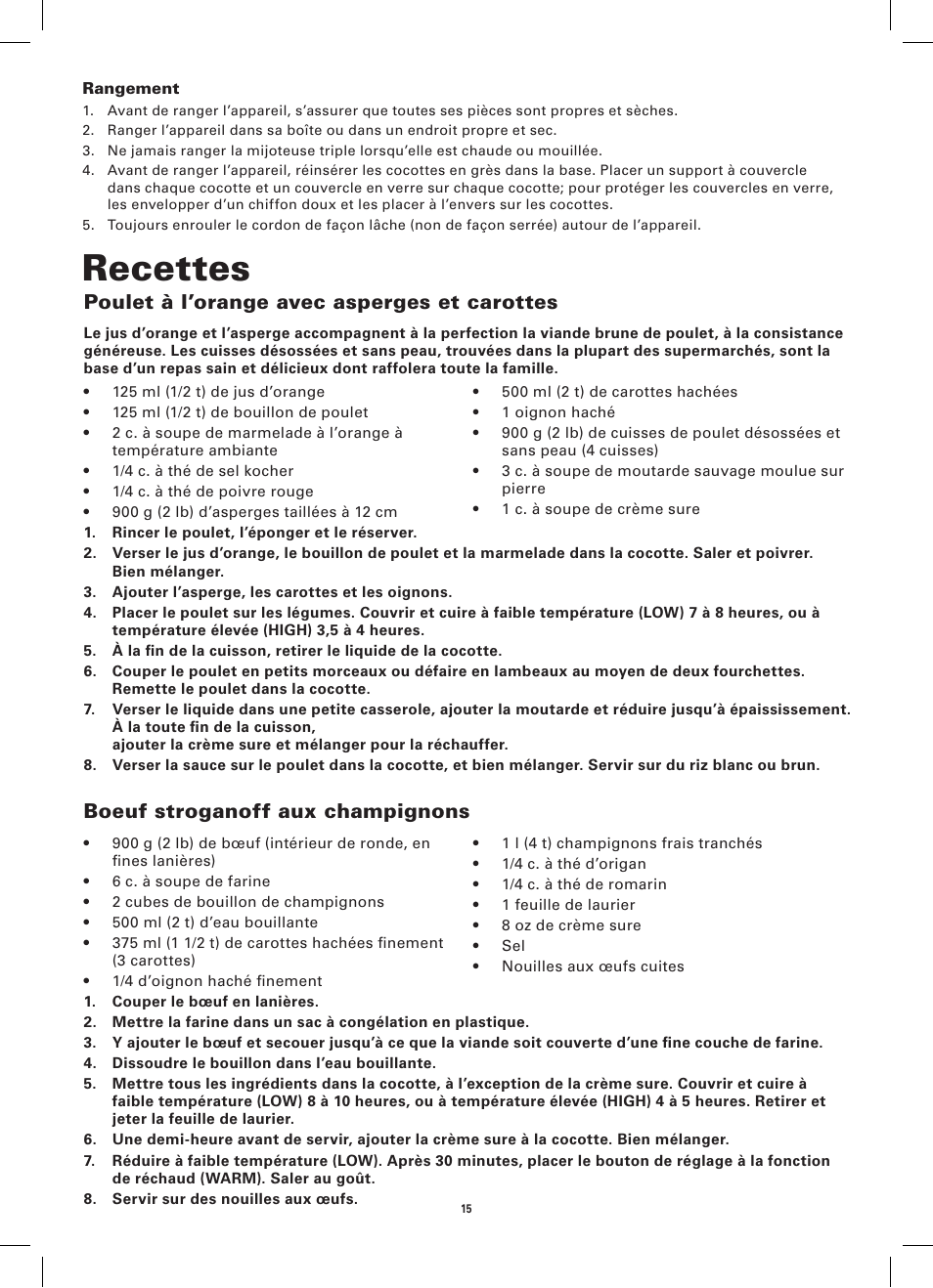 Recettes, Poulet à l’orange avec asperges et carottes, Boeuf stroganoff aux champignons | BELLA 13698 3 x 1.5QT Triple Slow Cooker with Lid Rests User Manual | Page 17 / 28