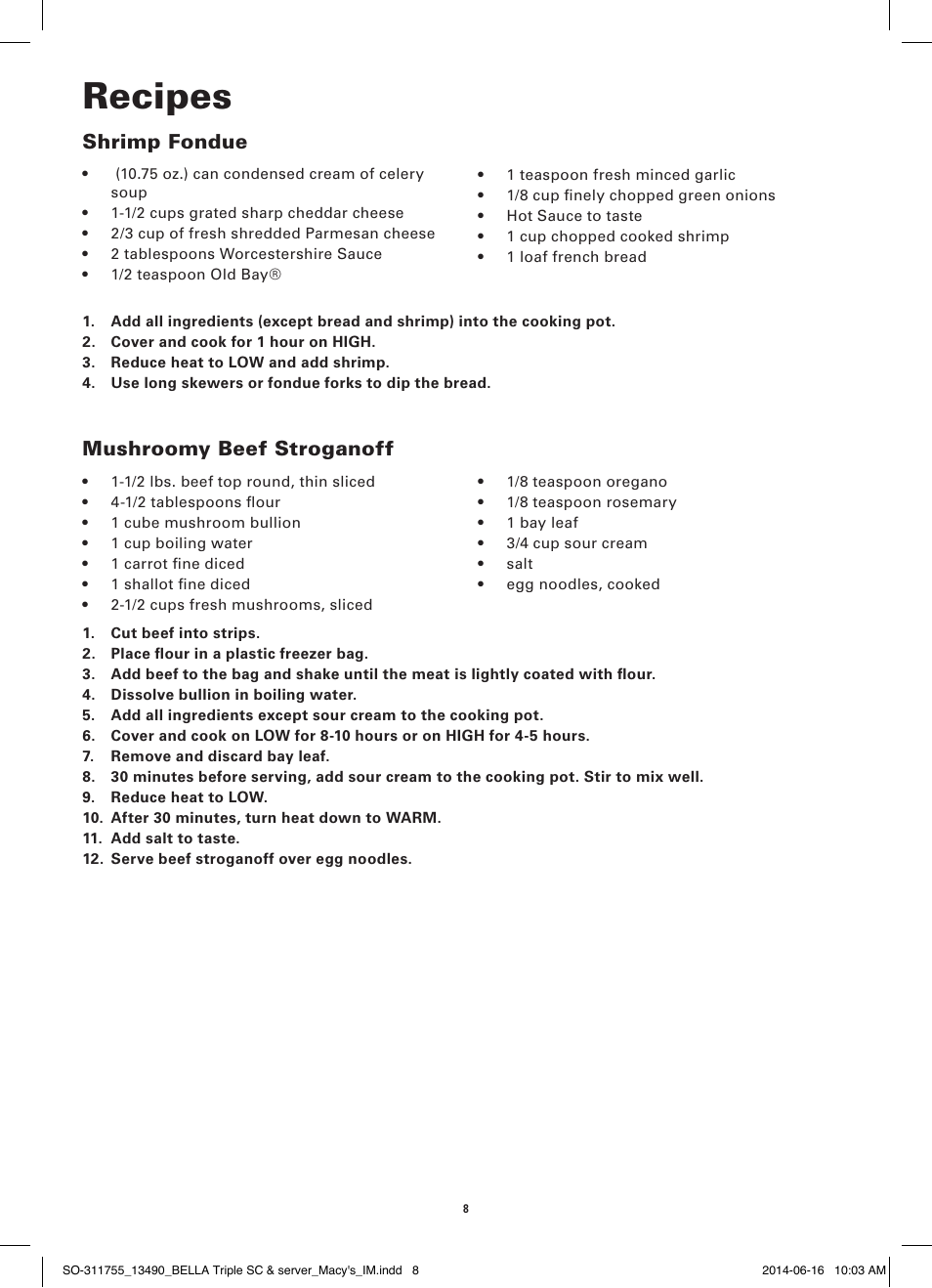 Recipes, Shrimp fondue, Mushroomy beef stroganoff | BELLA 13490 3 X 1.5 QT Round Triple Slow Cooker User Manual | Page 10 / 30