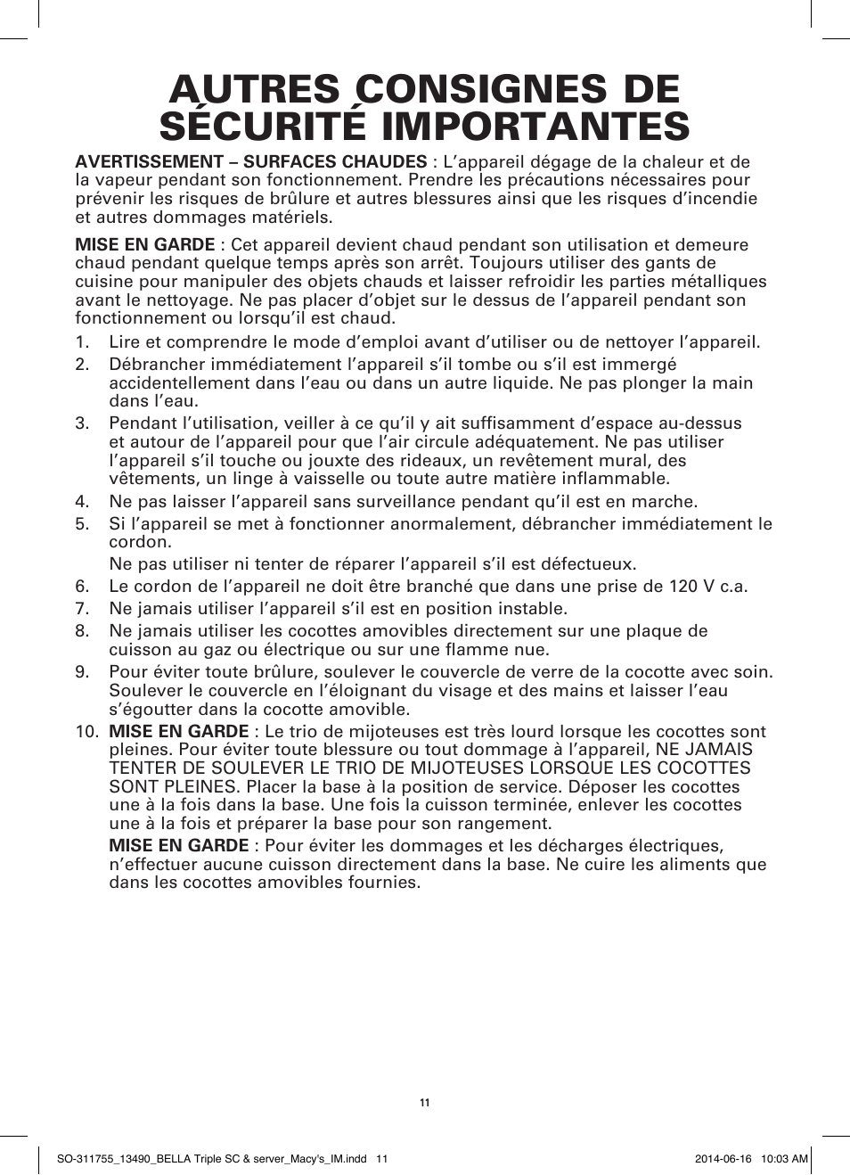 Autres consignes de sécurité importantes | BELLA 13490 3 X 1.5 QT Round Triple Slow Cooker User Manual | Page 13 / 30