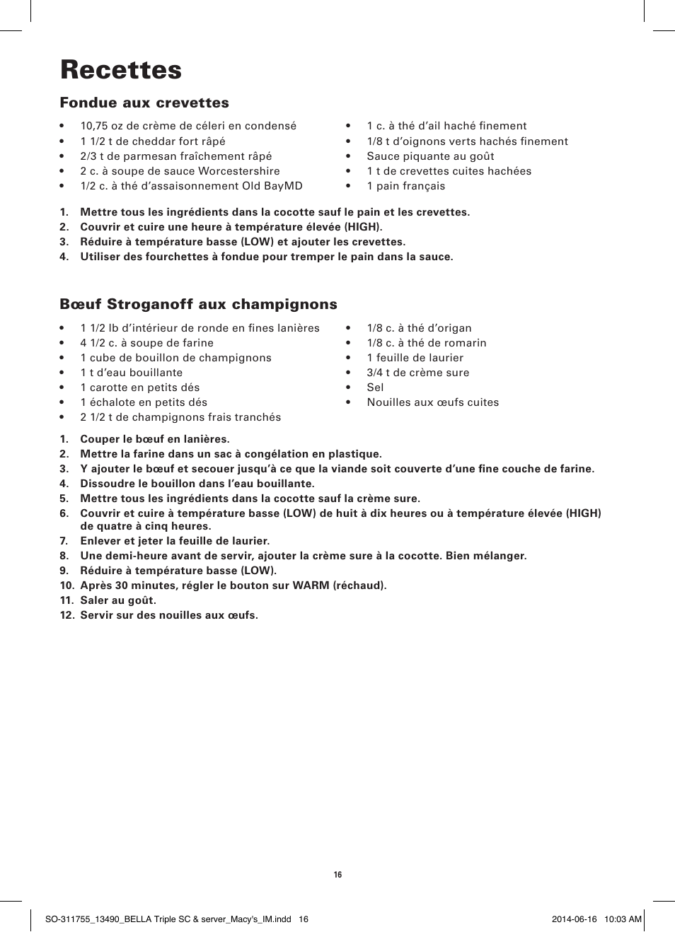 Recettes, Fondue aux crevettes, Bœuf stroganoff aux champignons | BELLA 13490 3 X 1.5 QT Round Triple Slow Cooker User Manual | Page 18 / 30