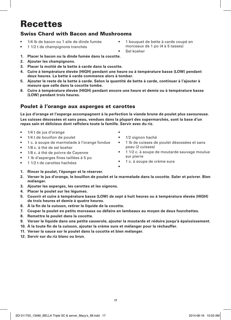 Recettes, Swiss chard with bacon and mushrooms, Poulet à l’orange aux asperges et carottes | BELLA 13490 3 X 1.5 QT Round Triple Slow Cooker User Manual | Page 19 / 30