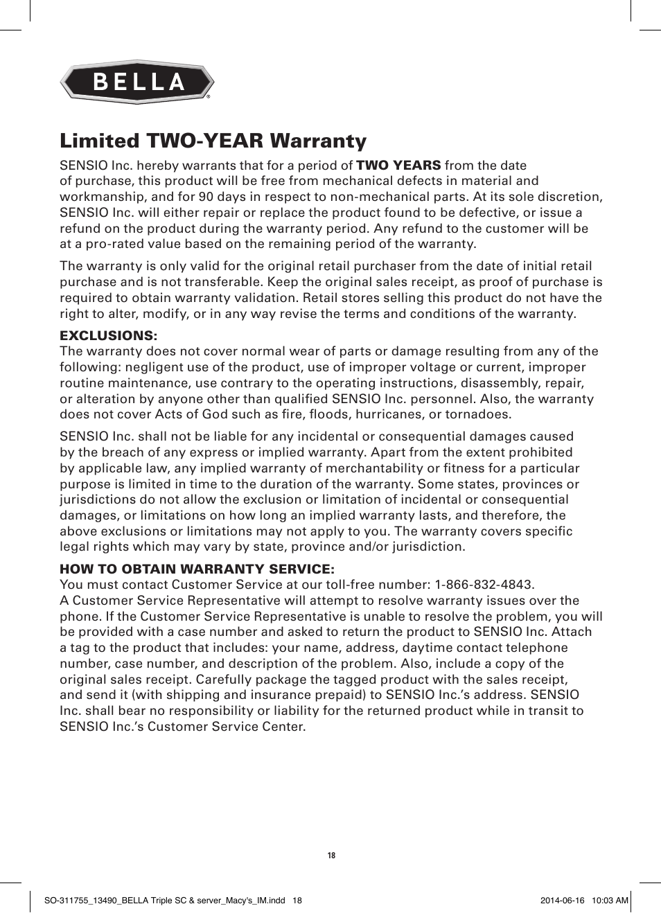 Limited two-year warranty | BELLA 13490 3 X 1.5 QT Round Triple Slow Cooker User Manual | Page 20 / 30
