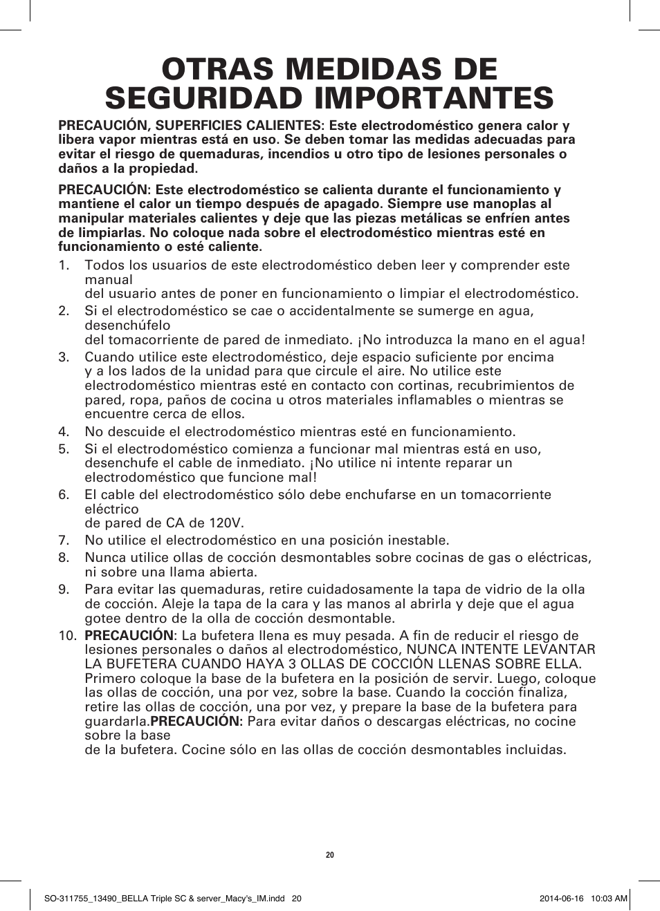 Otras medidas de seguridad importantes | BELLA 13490 3 X 1.5 QT Round Triple Slow Cooker User Manual | Page 22 / 30