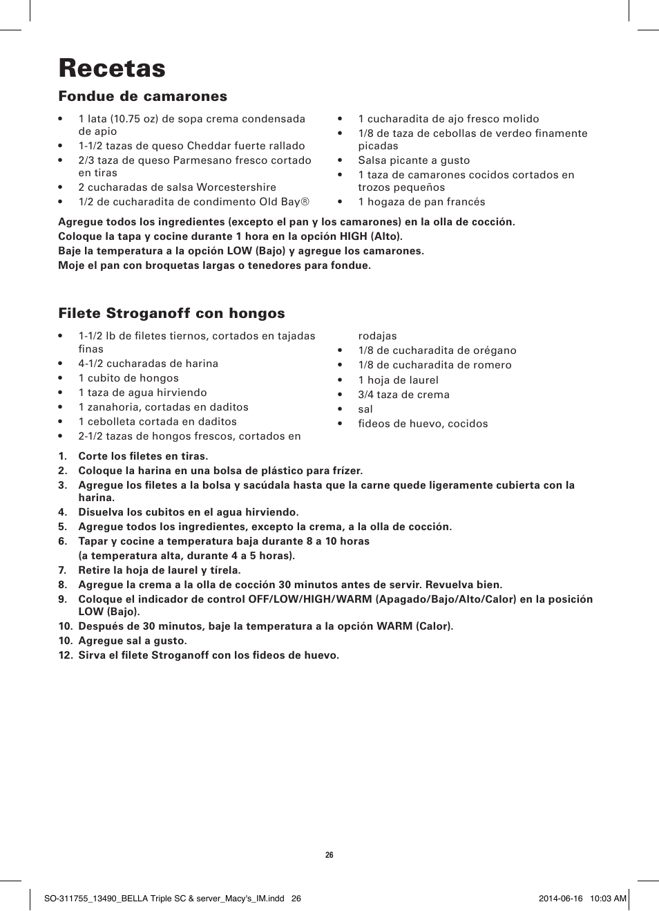 Recetas, Fondue de camarones, Filete stroganoff con hongos | BELLA 13490 3 X 1.5 QT Round Triple Slow Cooker User Manual | Page 28 / 30