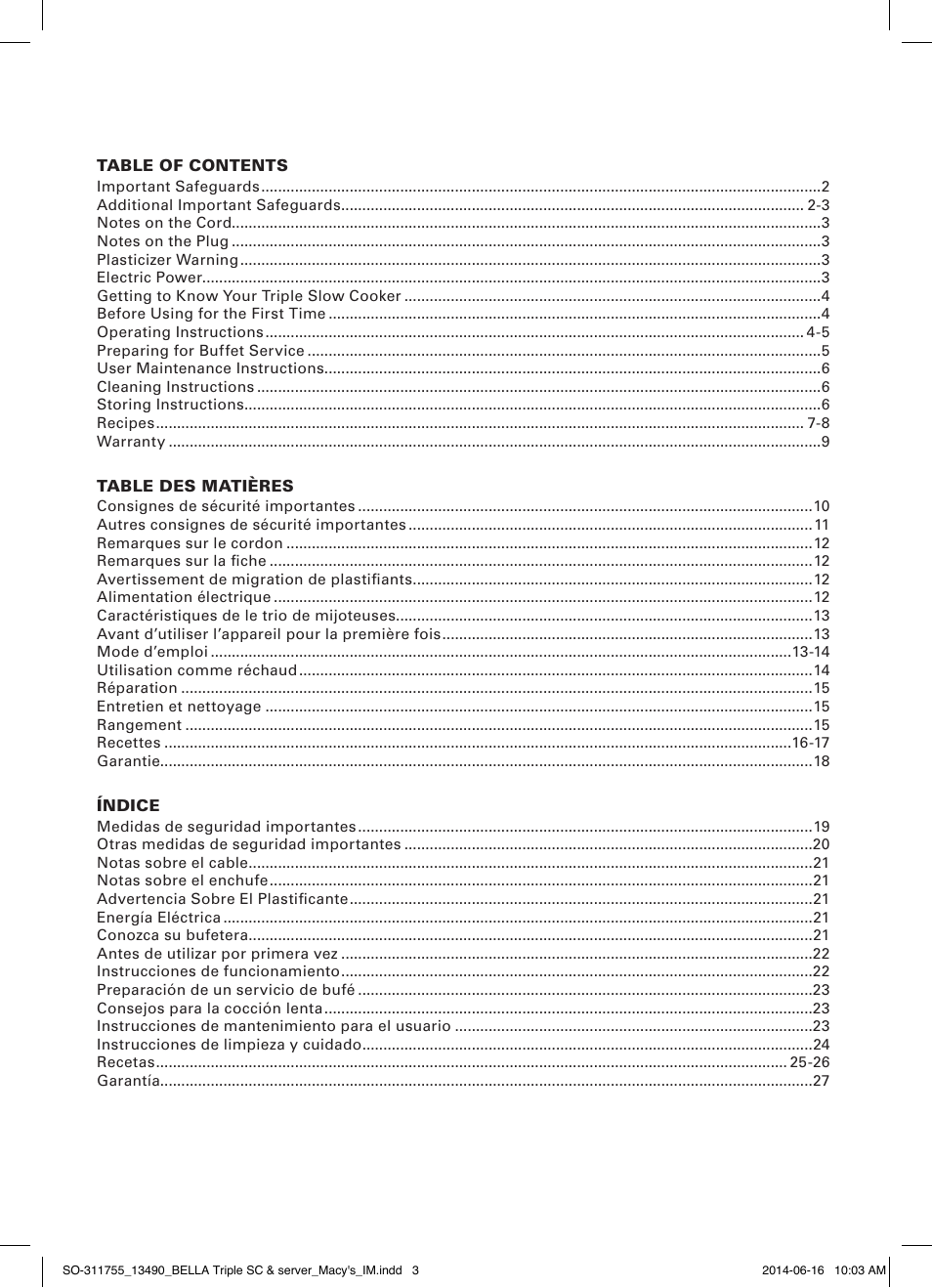 BELLA 13490 3 X 1.5 QT Round Triple Slow Cooker User Manual | Page 3 / 30