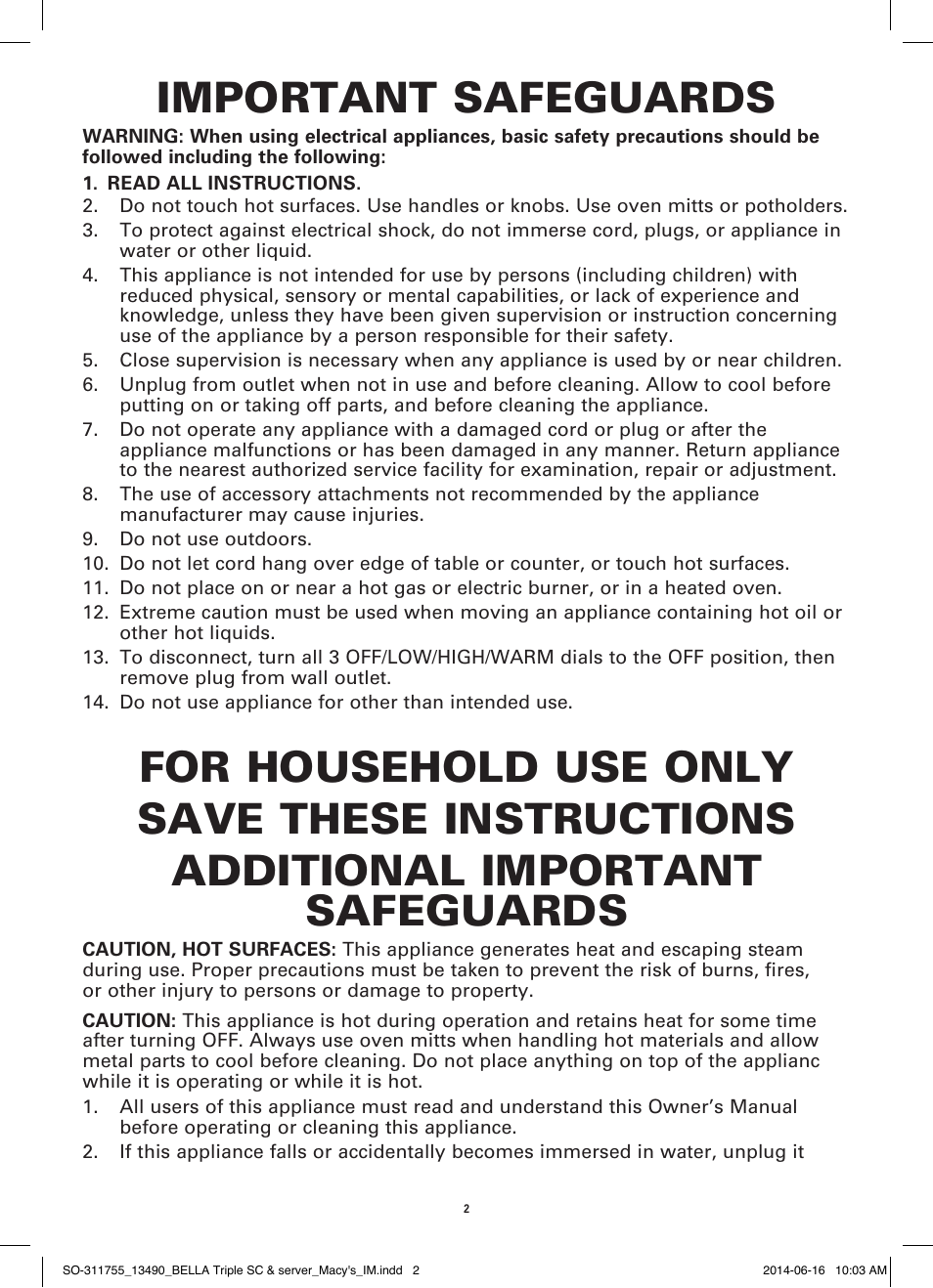 Important safeguards | BELLA 13490 3 X 1.5 QT Round Triple Slow Cooker User Manual | Page 4 / 30
