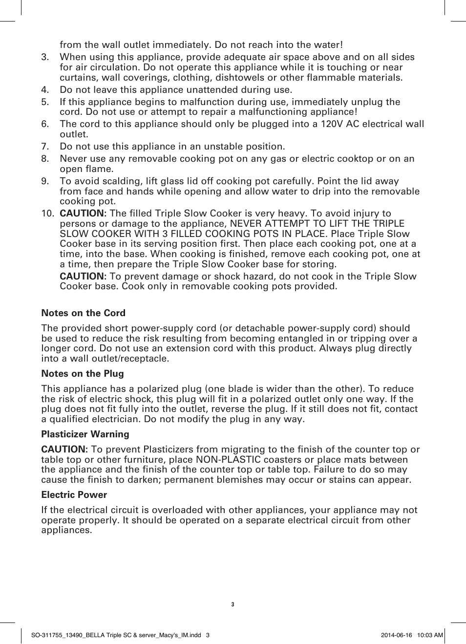 BELLA 13490 3 X 1.5 QT Round Triple Slow Cooker User Manual | Page 5 / 30
