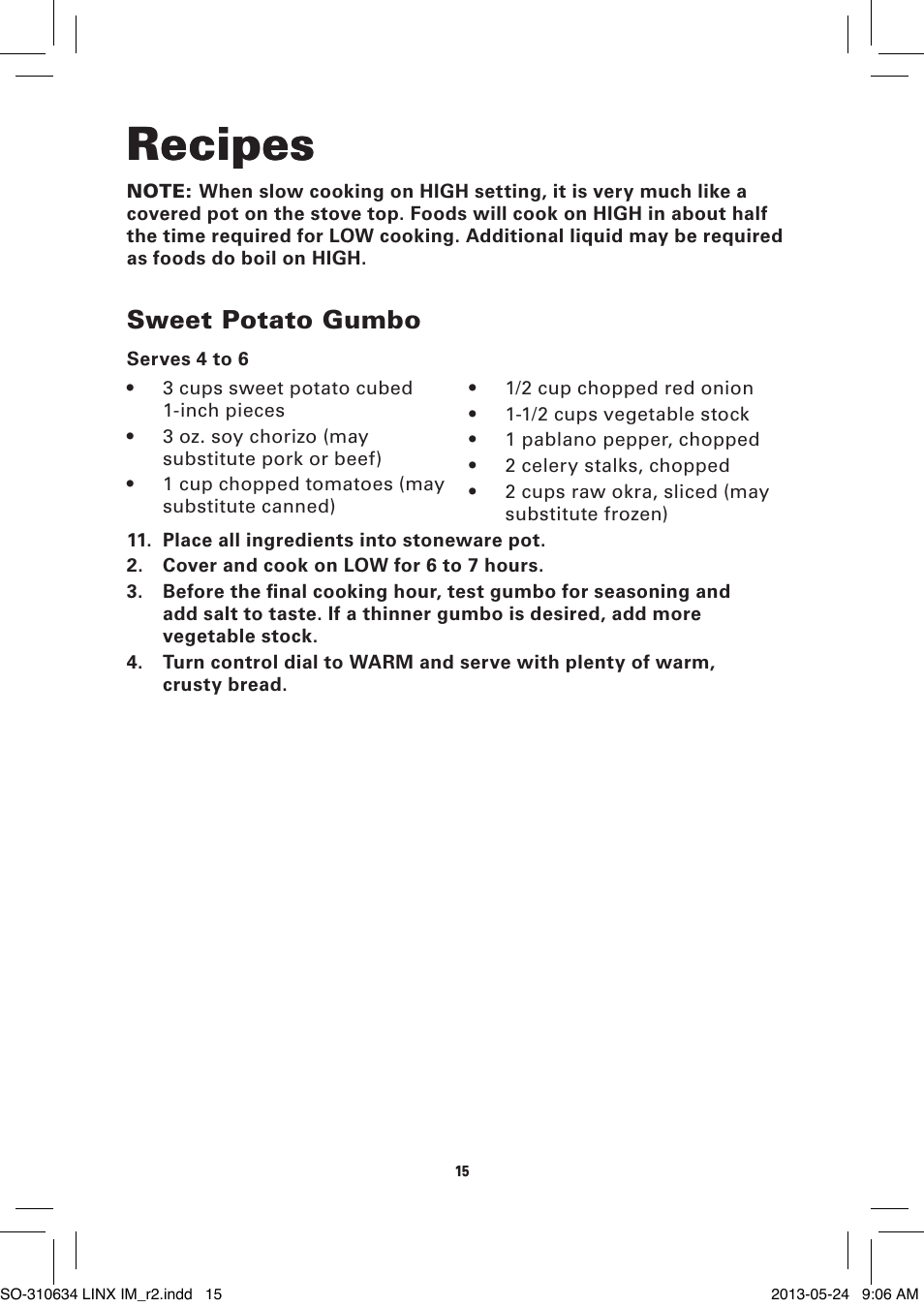 Recipes, Sweet potato gumbo | BELLA 14012 1 x 2.5 QT Linkable Slow Cooker System User Manual | Page 17 / 54