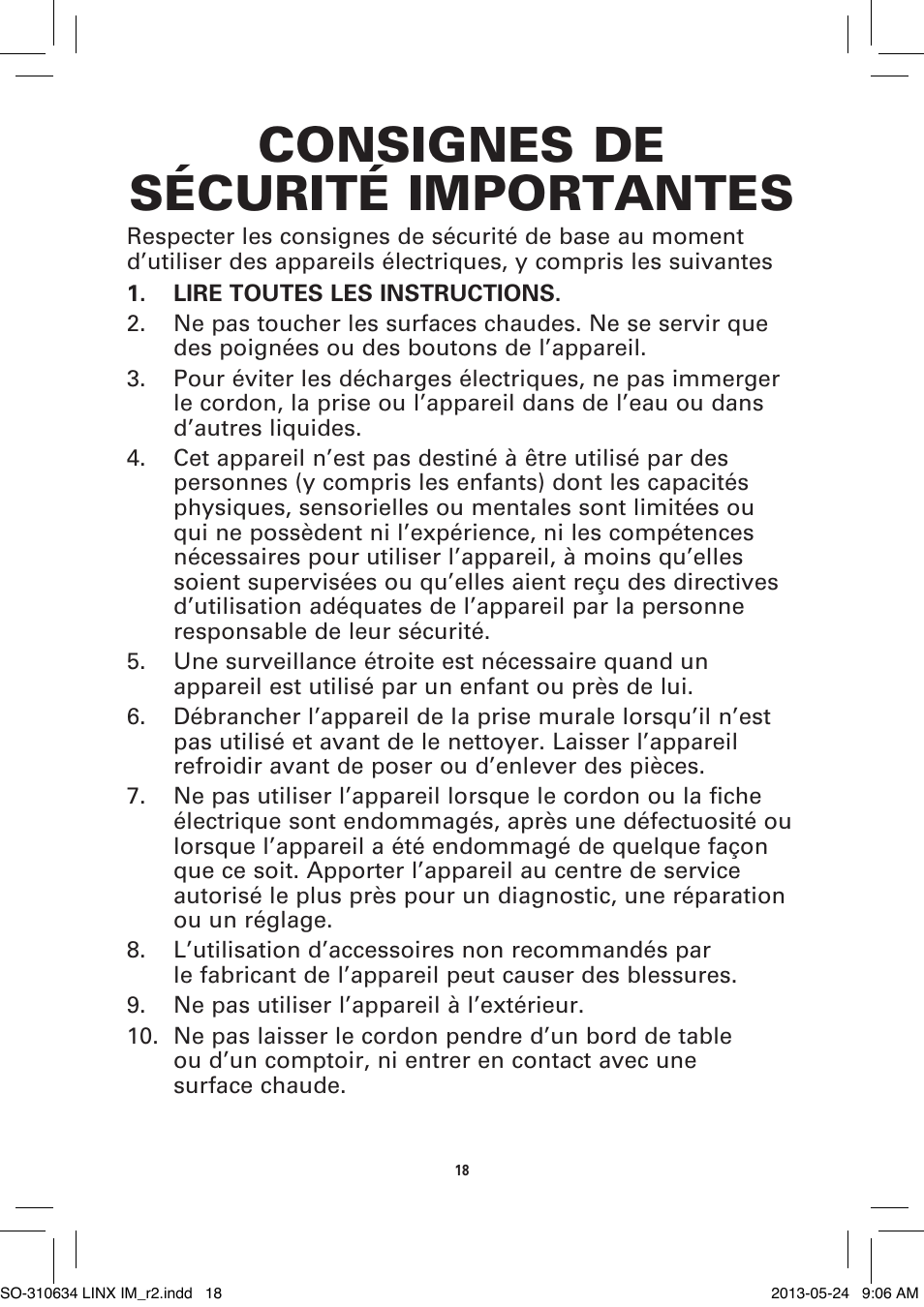 Consignes de sécurité importantes | BELLA 14012 1 x 2.5 QT Linkable Slow Cooker System User Manual | Page 20 / 54