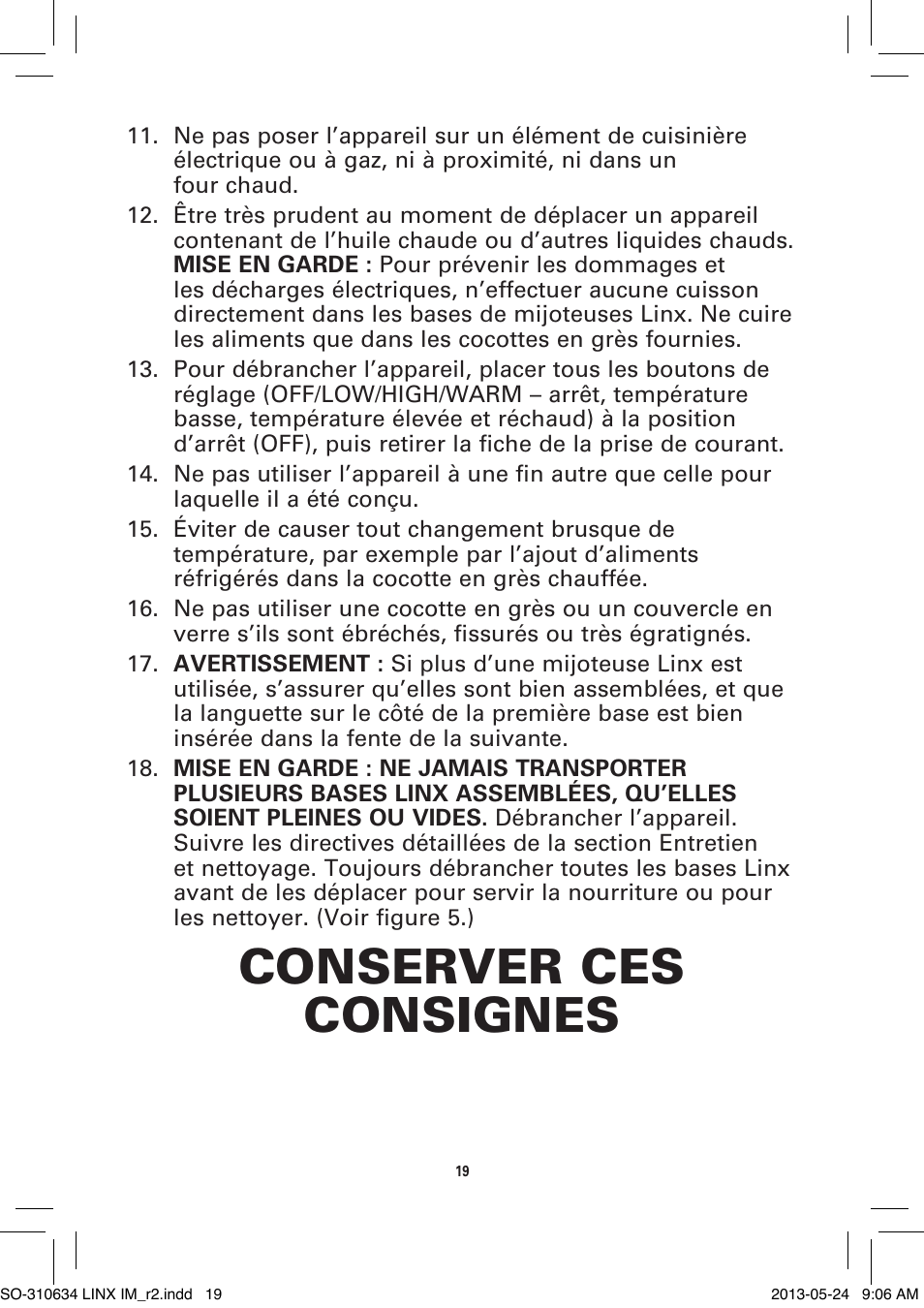 Conserver ces consignes | BELLA 14012 1 x 2.5 QT Linkable Slow Cooker System User Manual | Page 21 / 54