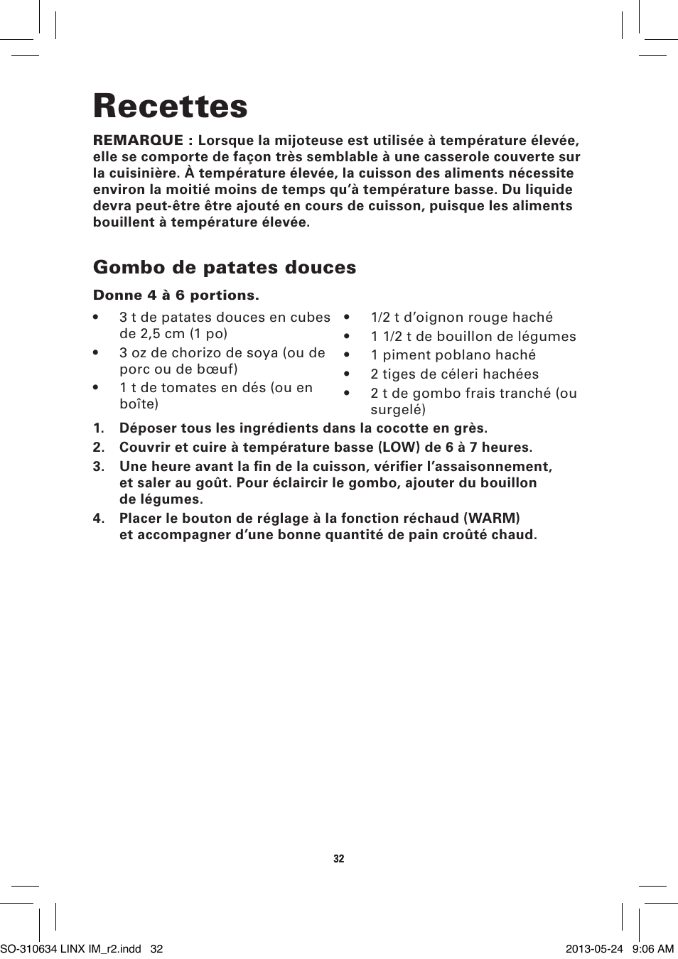 Recettes, Gombo de patates douces | BELLA 14012 1 x 2.5 QT Linkable Slow Cooker System User Manual | Page 34 / 54