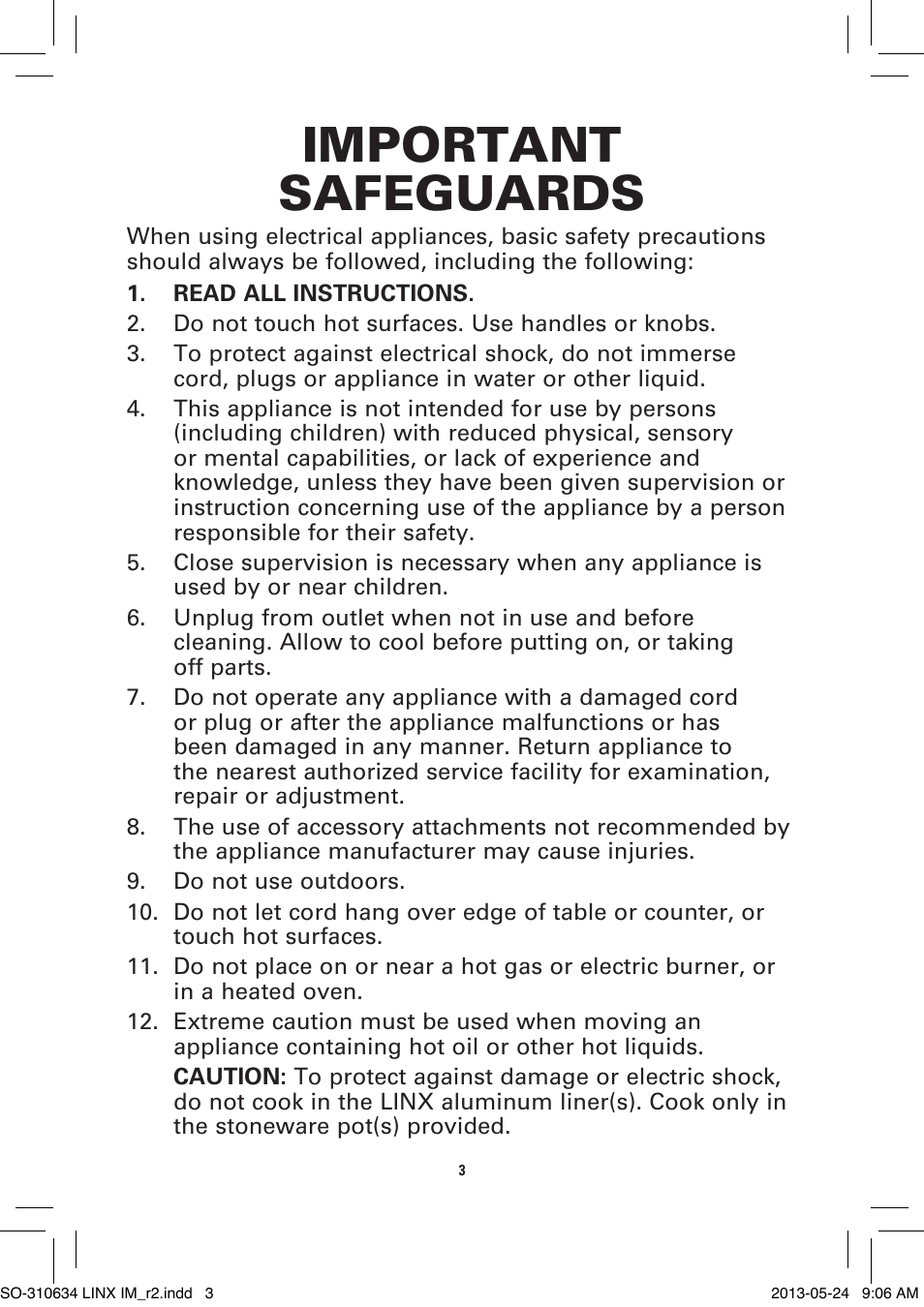 Important safeguards | BELLA 14012 1 x 2.5 QT Linkable Slow Cooker System User Manual | Page 5 / 54