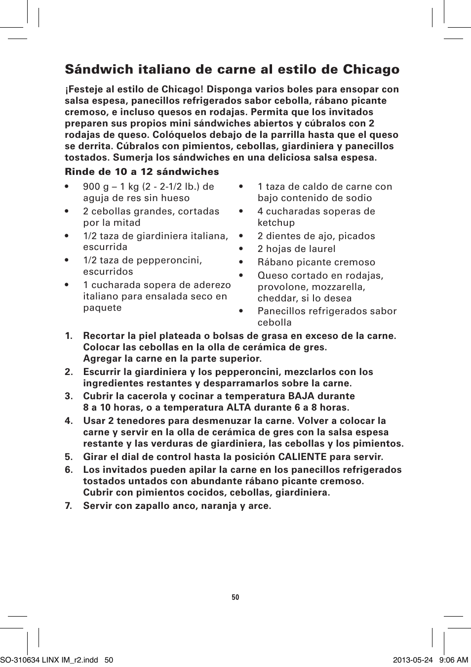 Sándwich italiano de carne al estilo de chicago | BELLA 14012 1 x 2.5 QT Linkable Slow Cooker System User Manual | Page 52 / 54