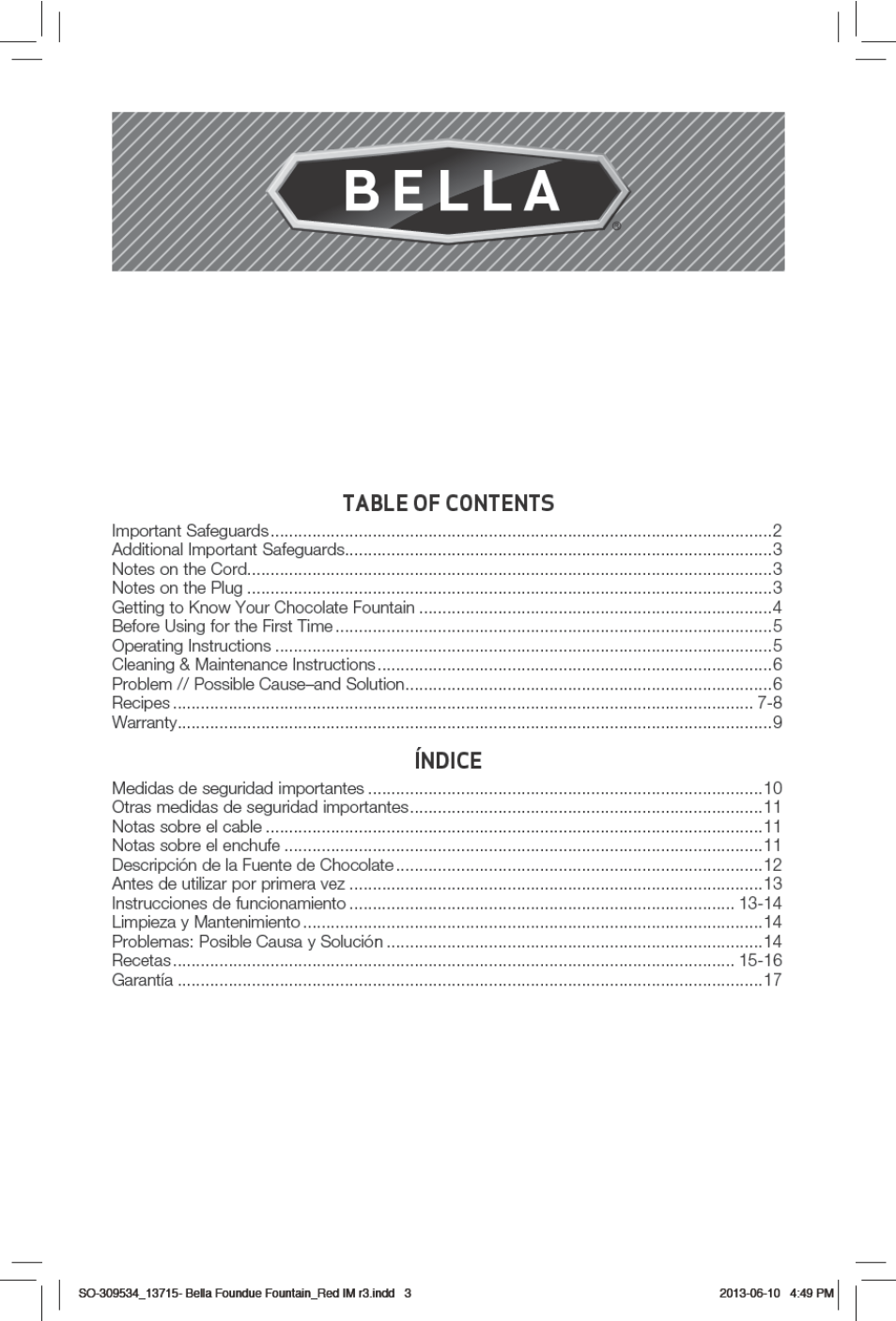 BELLA 13715 Chocolate Fountain User Manual | Page 3 / 22