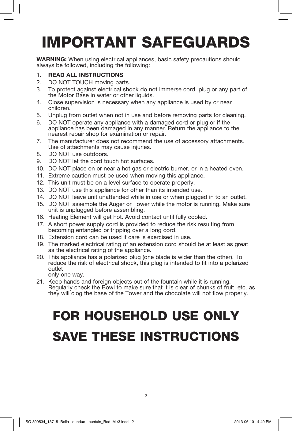 Important safeguards, For household use only save these instructions | BELLA 13715 Chocolate Fountain User Manual | Page 4 / 22