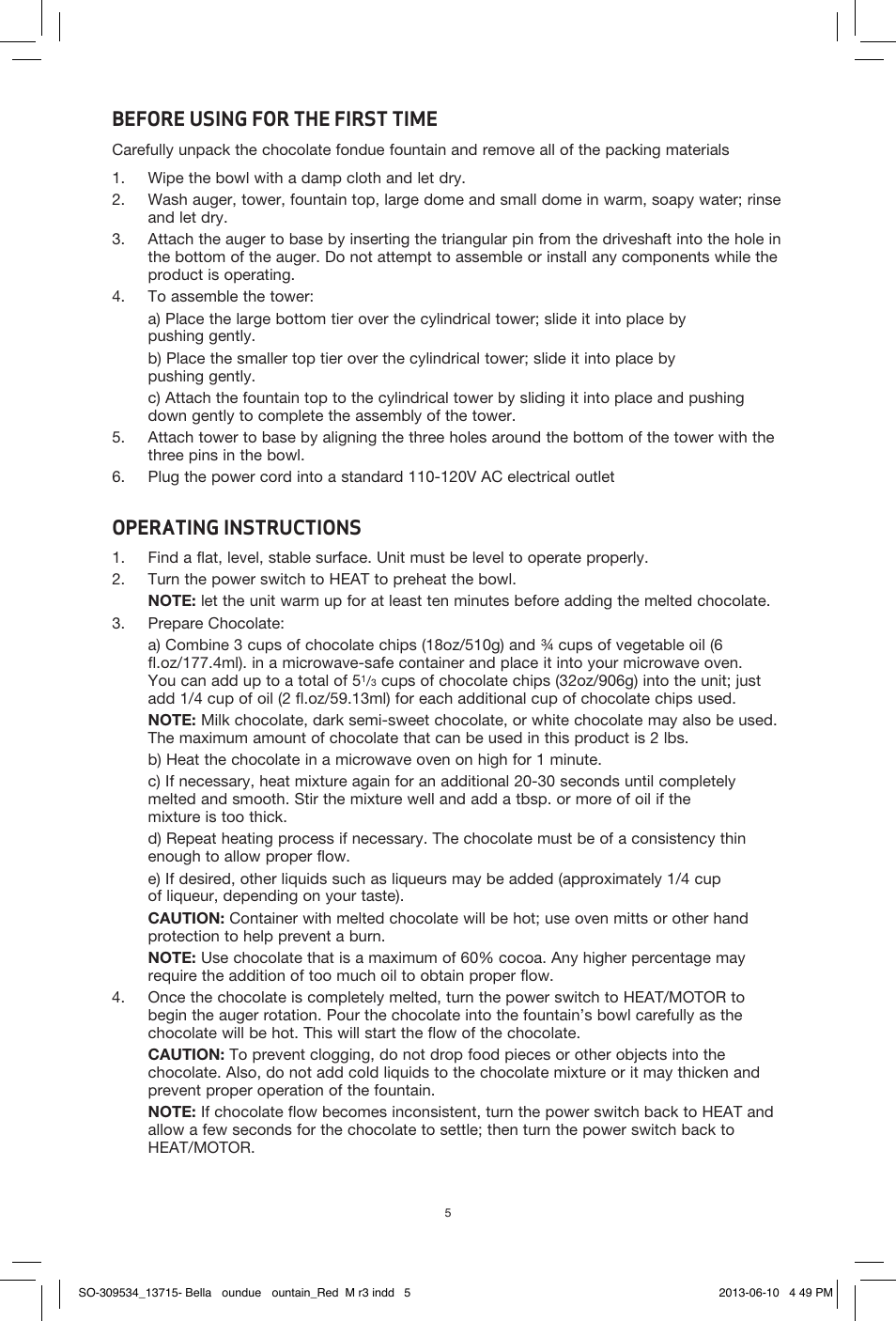 Before using for the first time, Operating instructions | BELLA 13715 Chocolate Fountain User Manual | Page 7 / 22