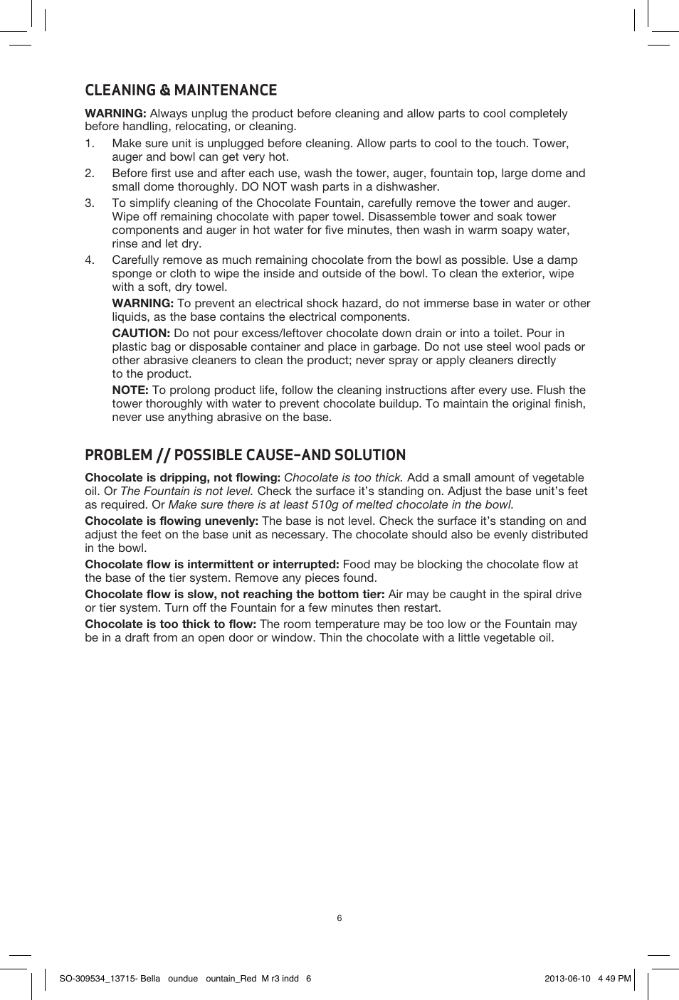 Cleaning & maintenance, Problem // possible cause–and solution | BELLA 13715 Chocolate Fountain User Manual | Page 8 / 22