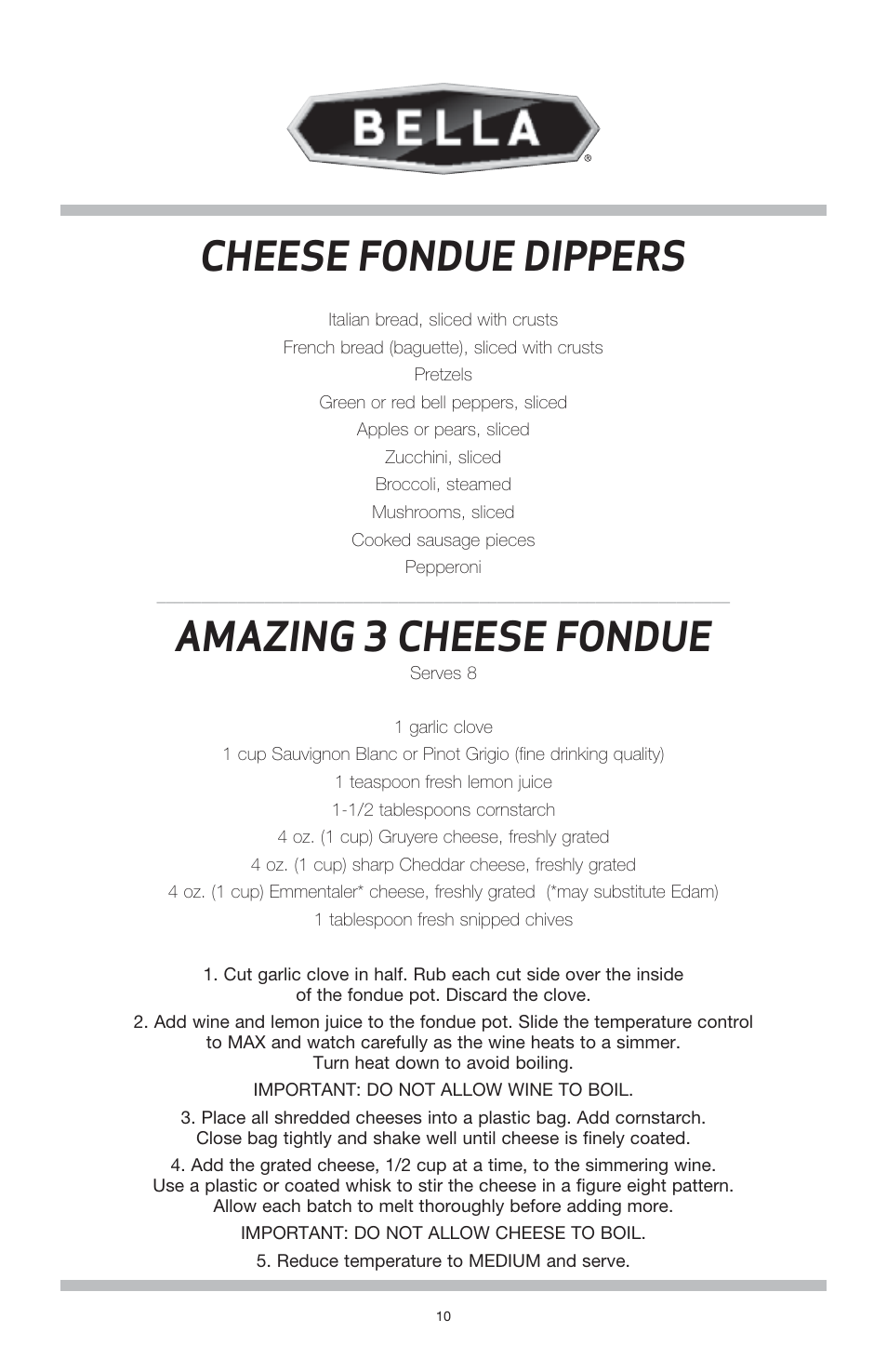 Cheese fondue dippers, Amazing 3 cheese fondue | BELLA 13696 3QT Electric Fondue Maker User Manual | Page 11 / 27