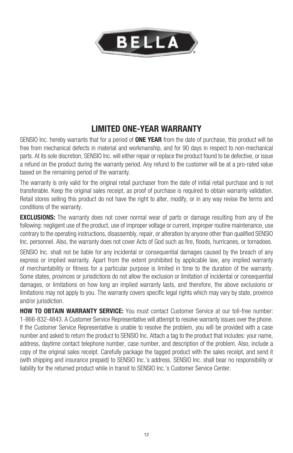 Limited one-year warranty | BELLA 13696 3QT Electric Fondue Maker User Manual | Page 13 / 27
