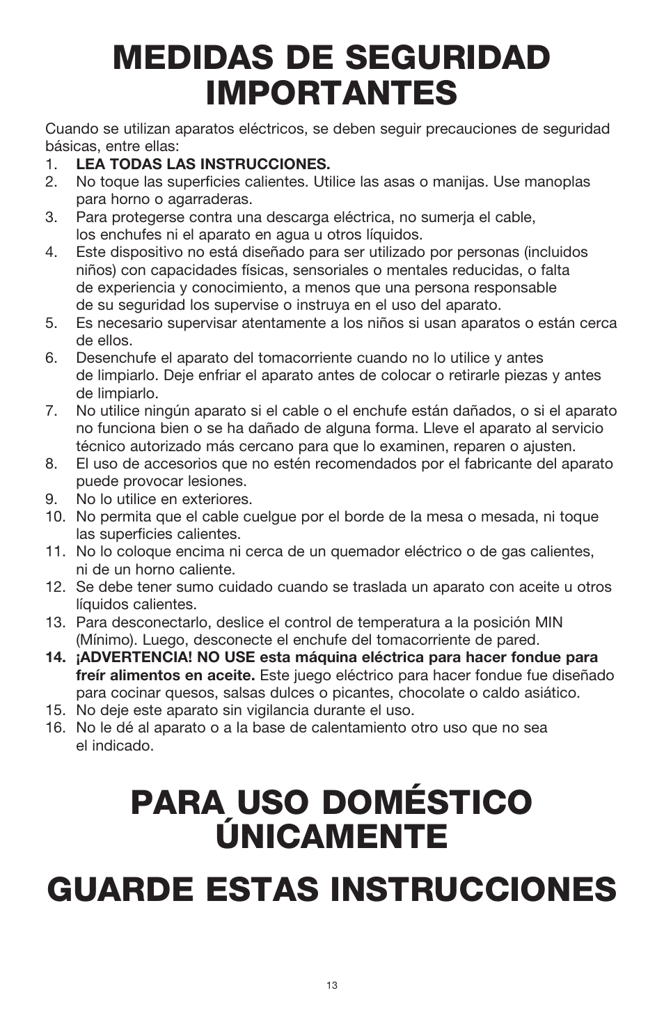 Medidas de seguridad importantes | BELLA 13696 3QT Electric Fondue Maker User Manual | Page 14 / 27