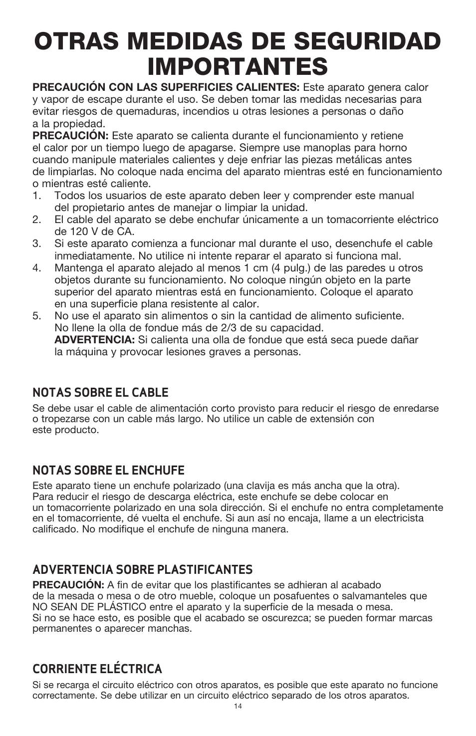 Otras medidas de seguridad importantes | BELLA 13696 3QT Electric Fondue Maker User Manual | Page 15 / 27