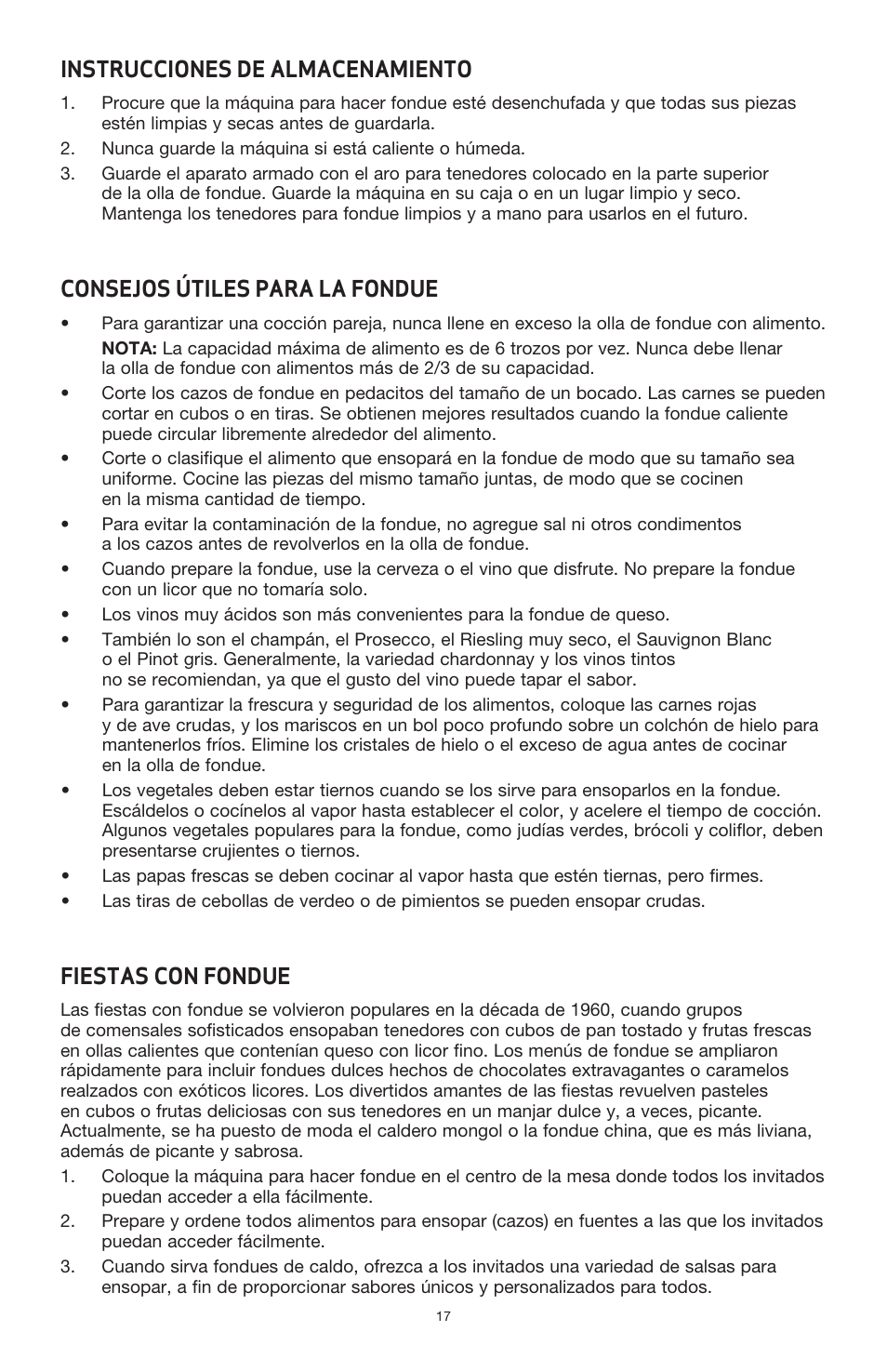 Instrucciones de almacenamiento, Consejos útiles para la fondue, Fiestas con fondue | BELLA 13696 3QT Electric Fondue Maker User Manual | Page 18 / 27