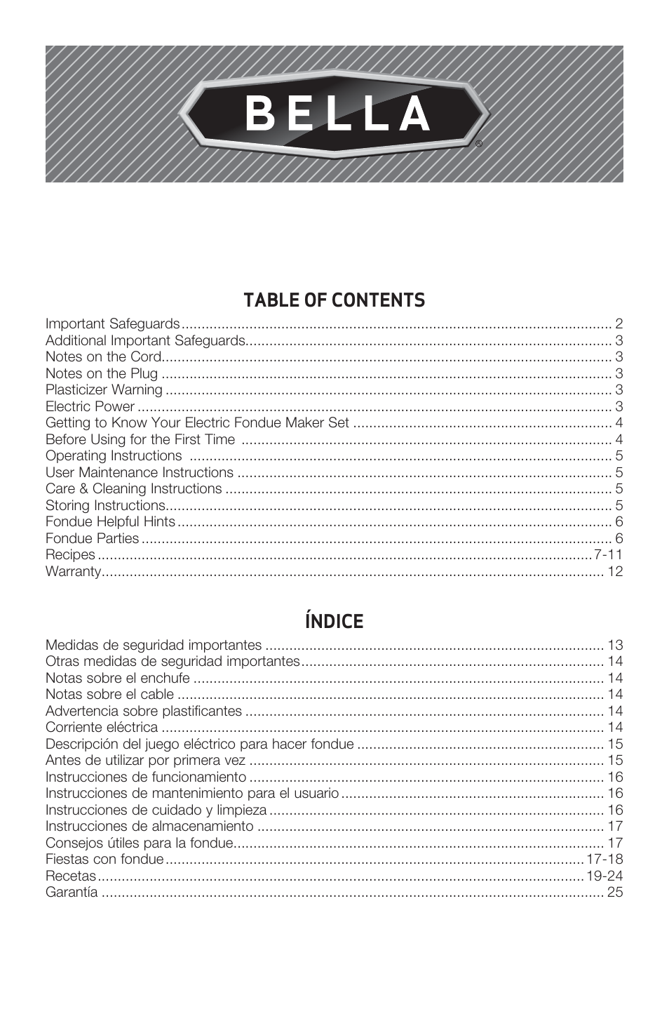 BELLA 13696 3QT Electric Fondue Maker User Manual | Page 2 / 27