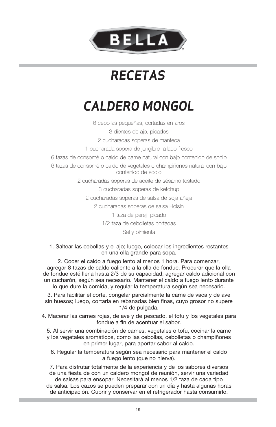 Caldero mongol, Recetas | BELLA 13696 3QT Electric Fondue Maker User Manual | Page 20 / 27