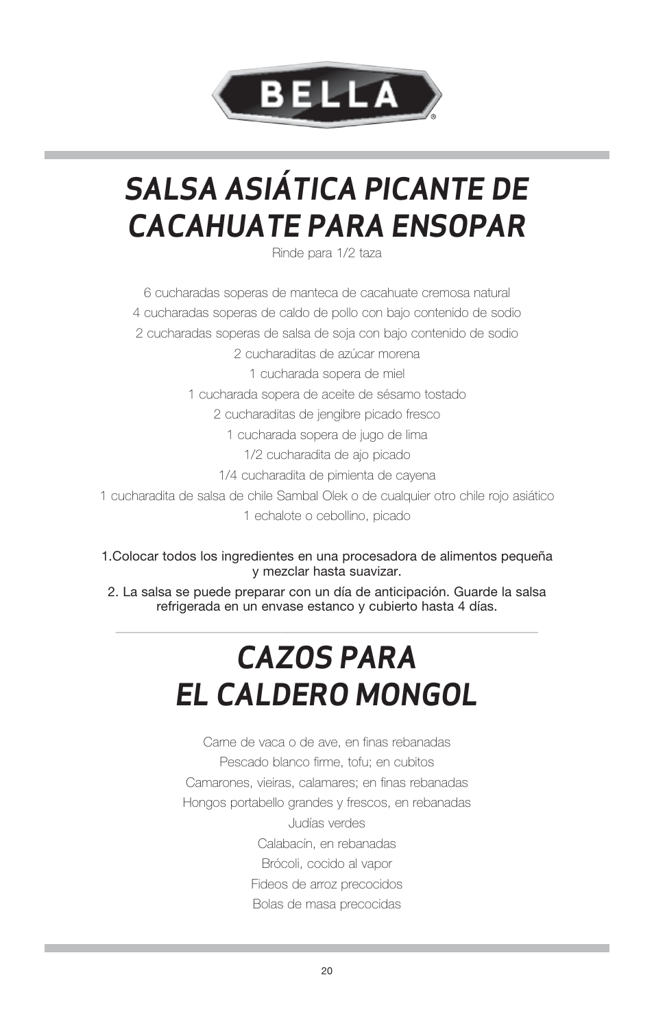 Salsa asiática picante de cacahuate para ensopar, Cazos para el caldero mongol | BELLA 13696 3QT Electric Fondue Maker User Manual | Page 21 / 27