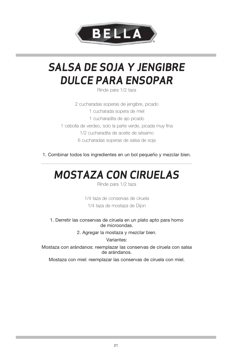 Salsa de soja y jengibre dulce para ensopar, Mostaza con ciruelas | BELLA 13696 3QT Electric Fondue Maker User Manual | Page 22 / 27