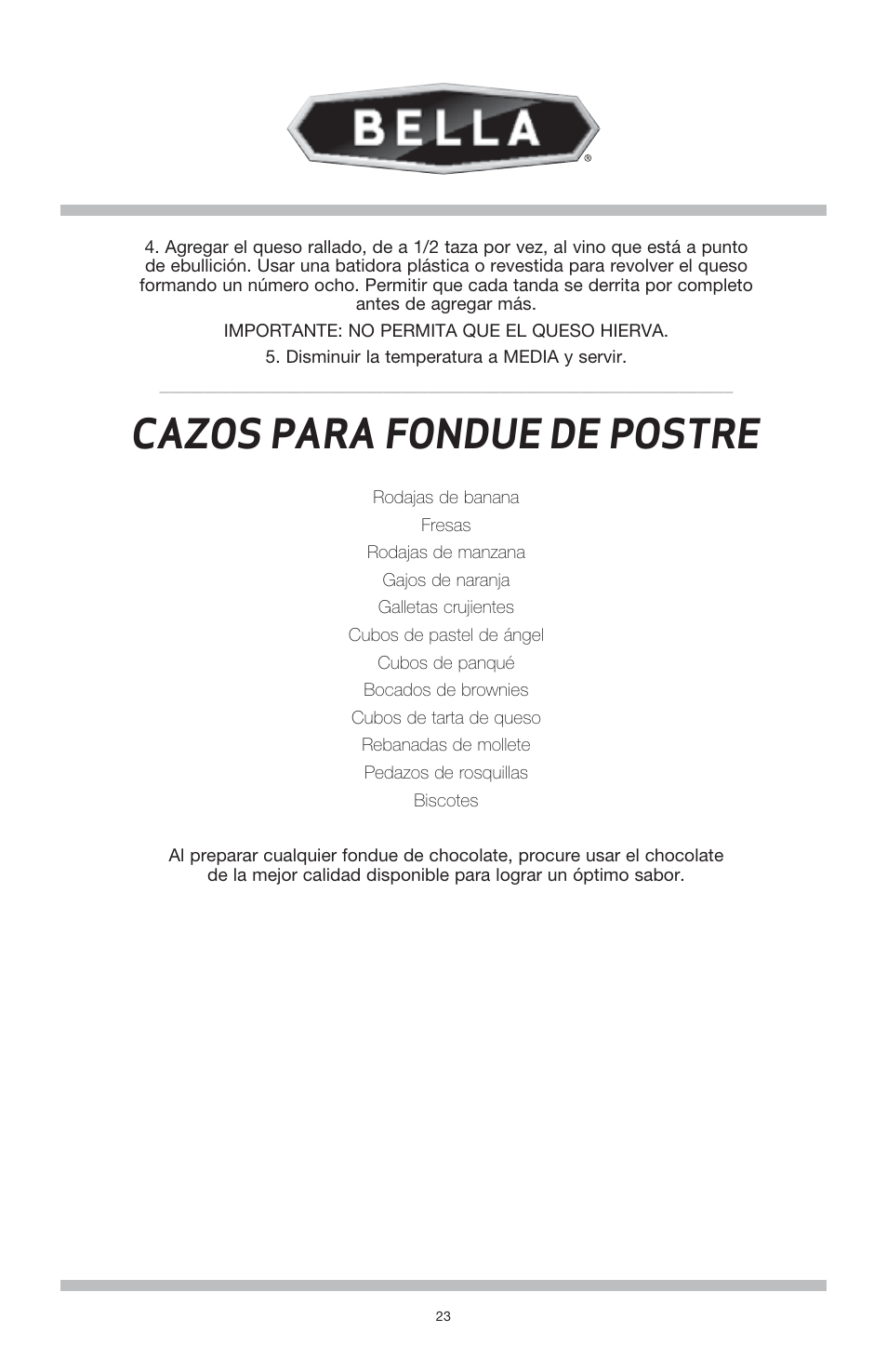 Cazos para fondue de postre | BELLA 13696 3QT Electric Fondue Maker User Manual | Page 24 / 27