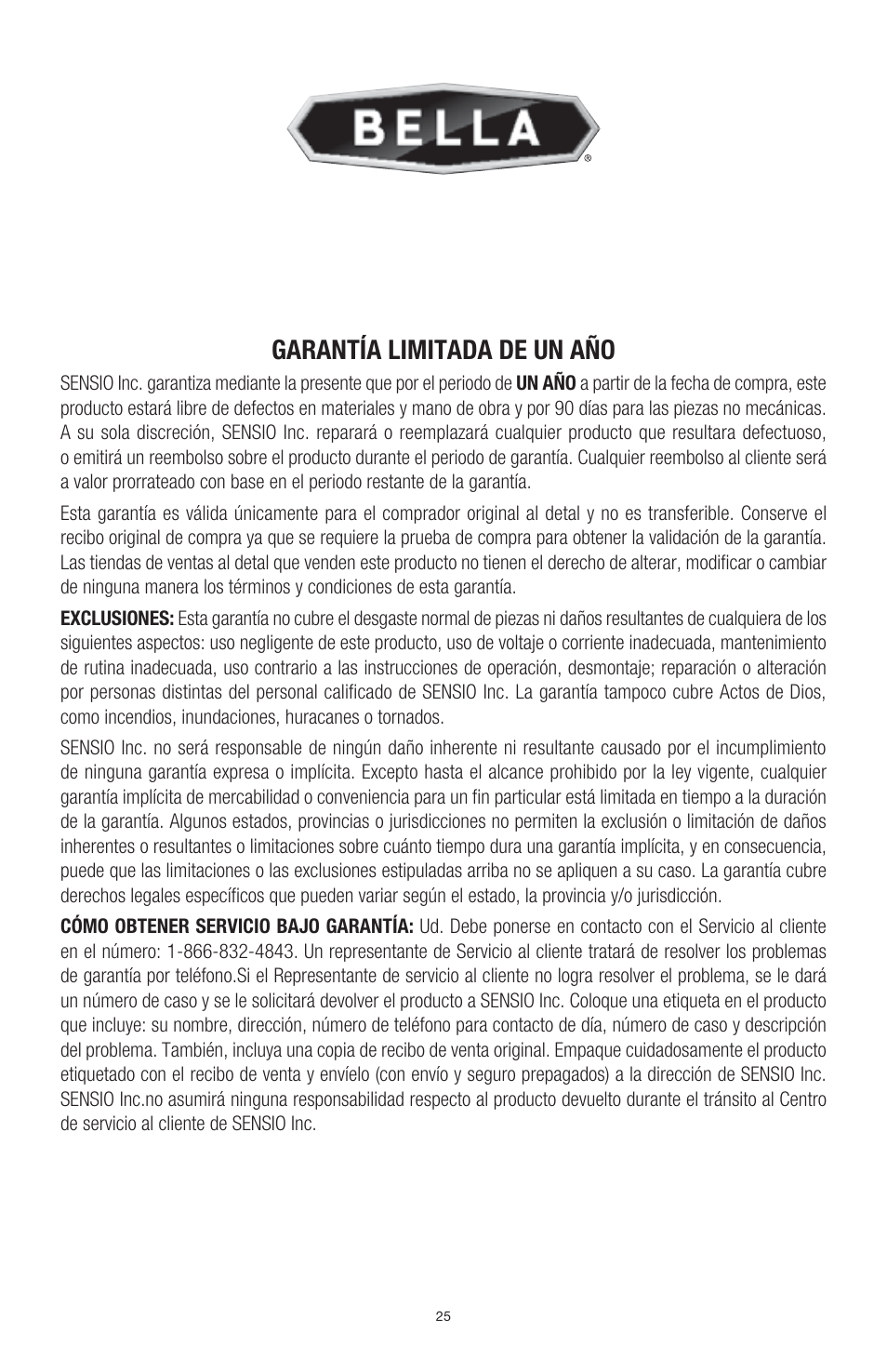 Garantía limitada de un año | BELLA 13696 3QT Electric Fondue Maker User Manual | Page 26 / 27