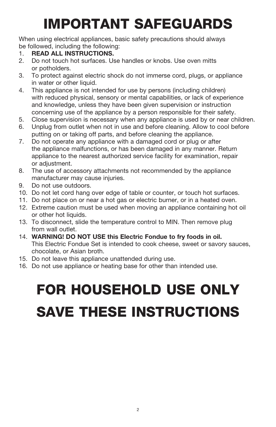 Important safeguards, For household use only save these instructions | BELLA 13696 3QT Electric Fondue Maker User Manual | Page 3 / 27