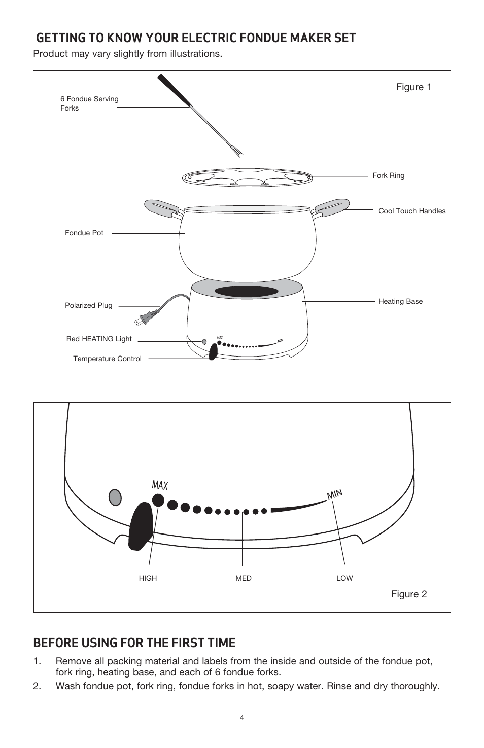 Getting to know your electric fondue maker set, Before using for the first time | BELLA 13696 3QT Electric Fondue Maker User Manual | Page 5 / 27