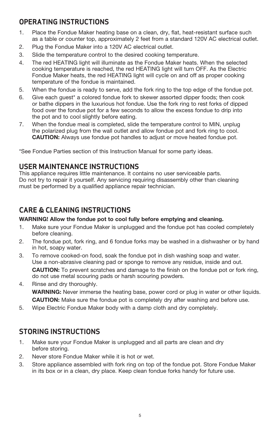 Operating instructions, User maintenance instructions, Care & cleaning instructions | Storing instructions | BELLA 13696 3QT Electric Fondue Maker User Manual | Page 6 / 27