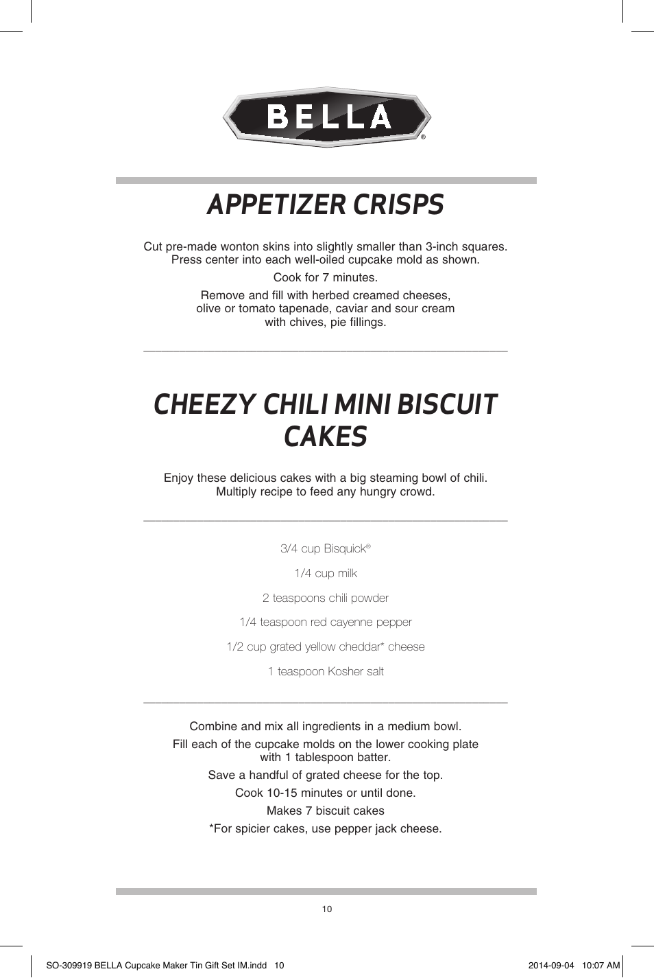 Appetizer crisps, Cheezy chili mini biscuit cakes | BELLA 13823 Mini Cupcake Maker Tin Box Set User Manual | Page 11 / 43