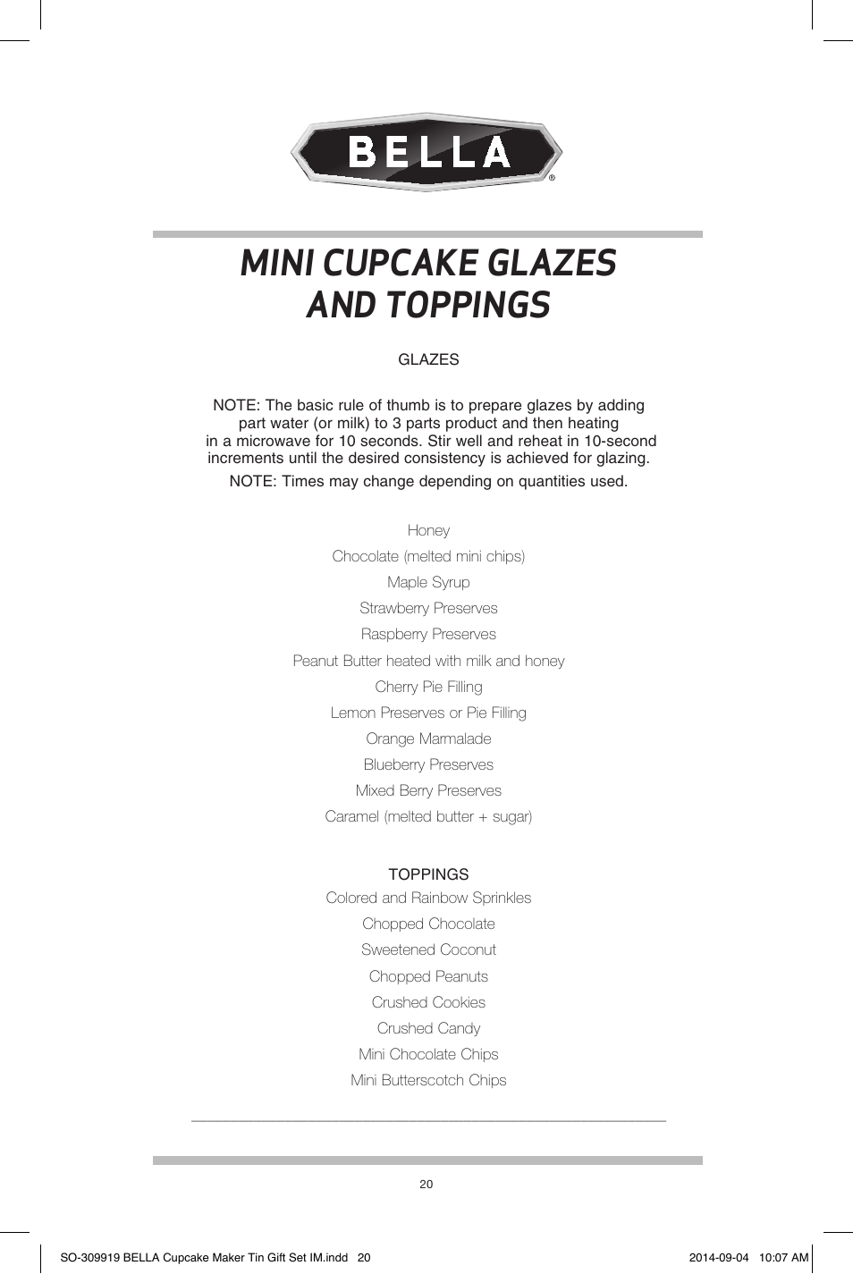 Mini cupcake glazes and toppings | BELLA 13823 Mini Cupcake Maker Tin Box Set User Manual | Page 21 / 43