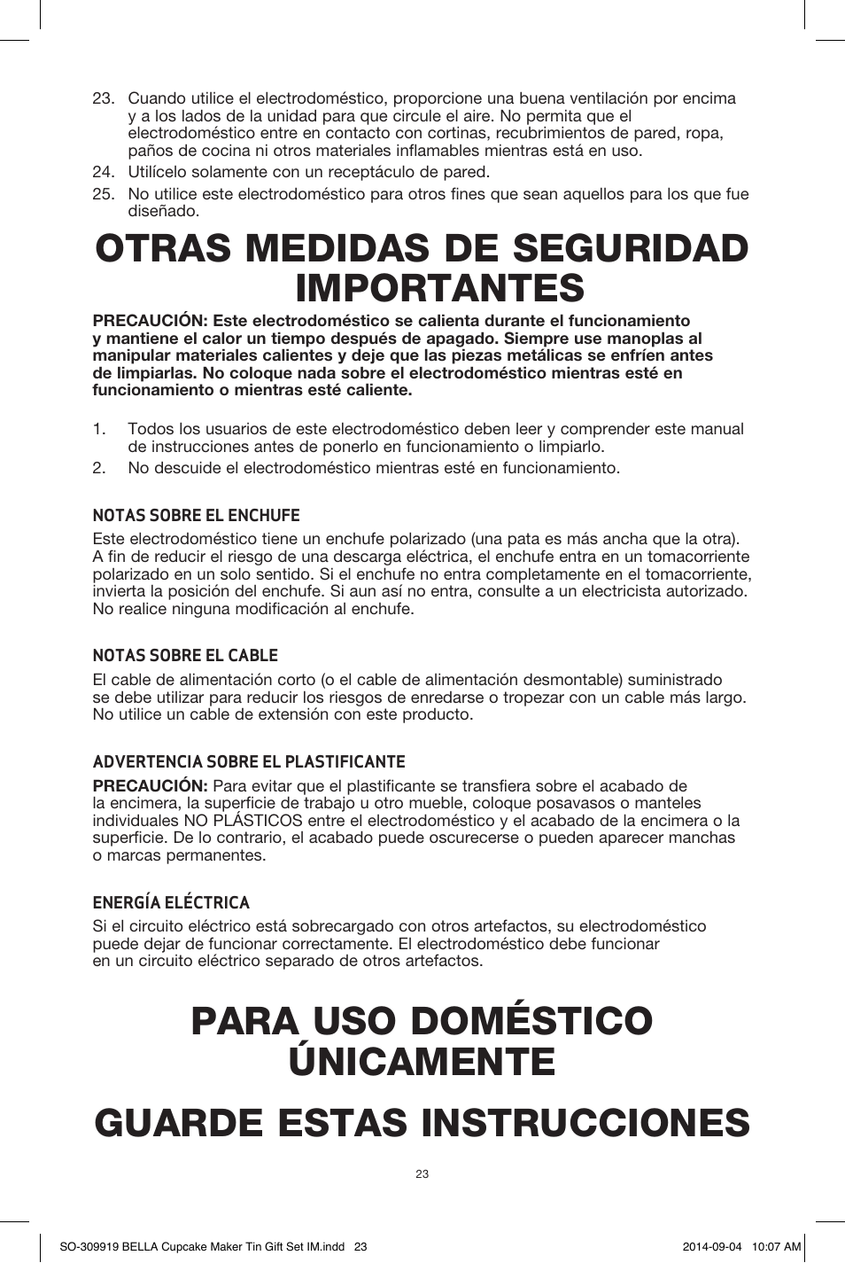 Otras medidas de seguridad importantes | BELLA 13823 Mini Cupcake Maker Tin Box Set User Manual | Page 24 / 43