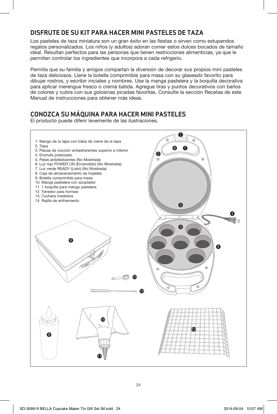 Conozca su máquina para hacer mini pasteles | BELLA 13823 Mini Cupcake Maker Tin Box Set User Manual | Page 25 / 43