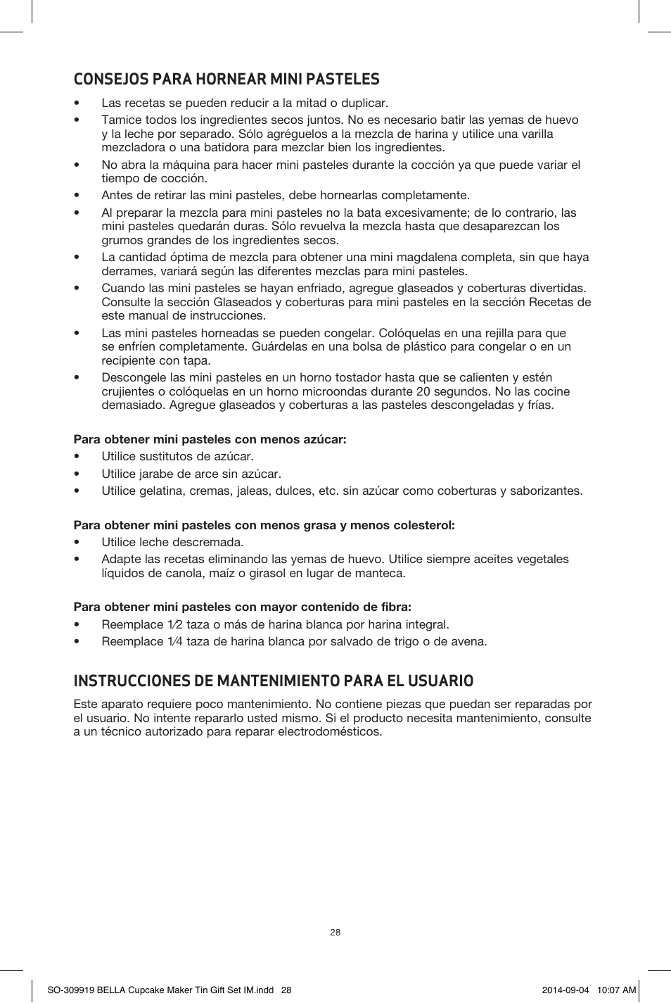 Consejos para hornear mini pasteles, Instrucciones de mantenimiento para el usuario | BELLA 13823 Mini Cupcake Maker Tin Box Set User Manual | Page 29 / 43